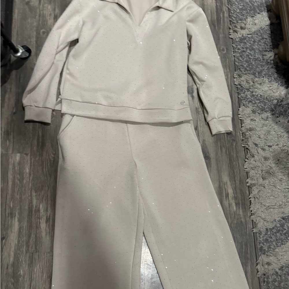 Adrienne Vittadini Cream Wide-Leg Sparkle Lounge Pants